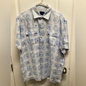 Tommy Bahama Shirt Mens XLX Blue Linen Floral Hawaiian Beach Vacation Dad Summer